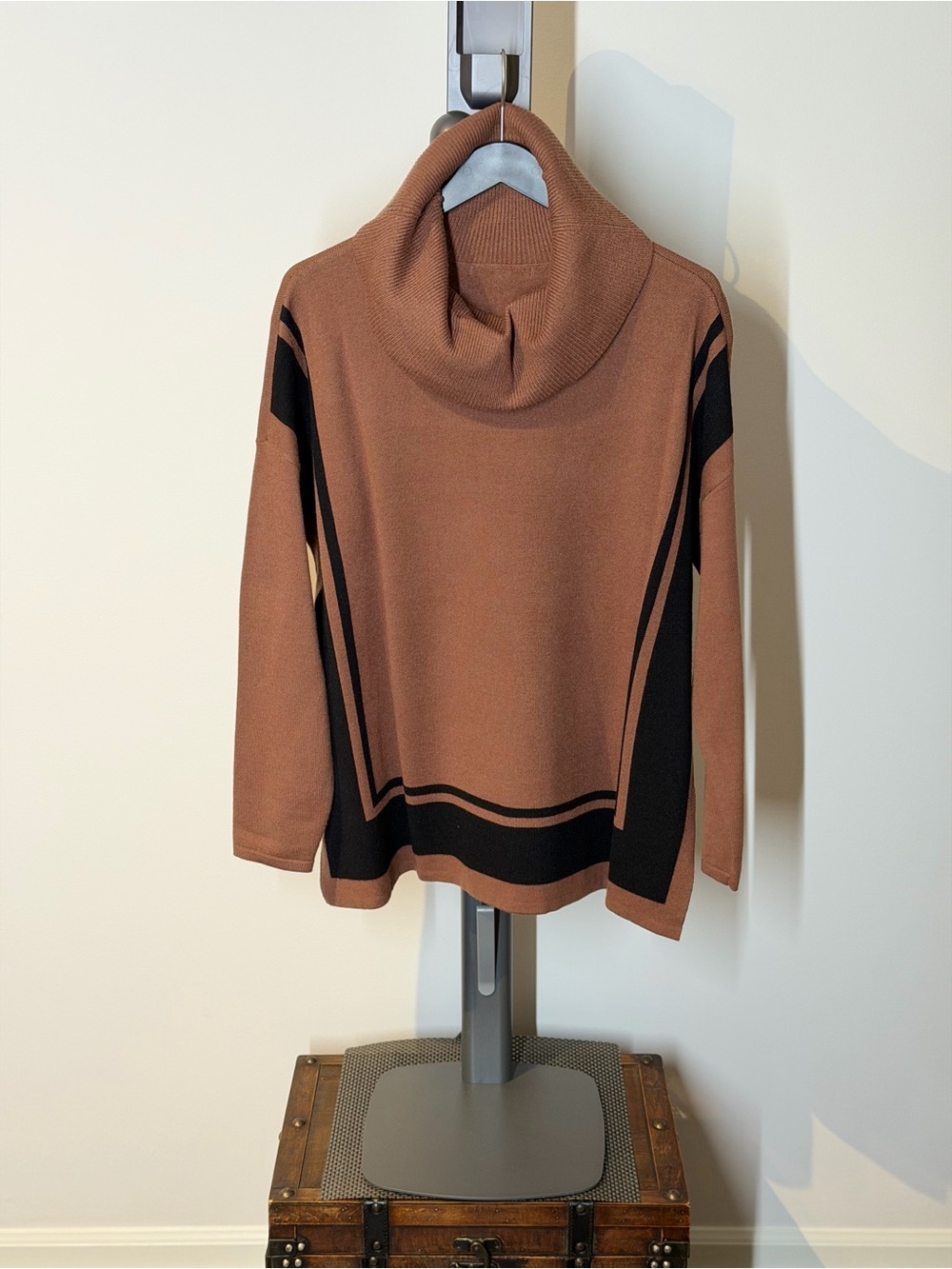 Turtleneck Boxy Sweater in Brown with Black Trim